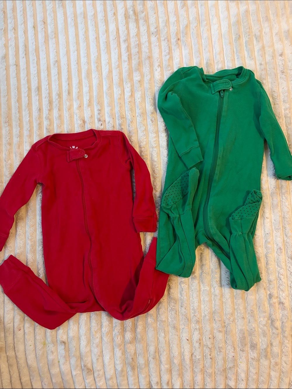 Primary Red & Green Zip-Front Footed One-Pieces